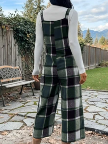 圣诞女式绿色格子吊带裤，吊带设计，7/8 长度吊带连体裤，时尚百搭，适合日常穿着，秋冬 - 綠色 - 查看 2