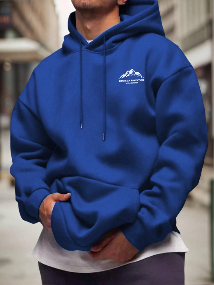 Men's Autumn/Winter Minimalist Mountain Slogan Print Pocket Drawstring Hooded Sweatshirt, Long Sleeve Top - Blue - View 1