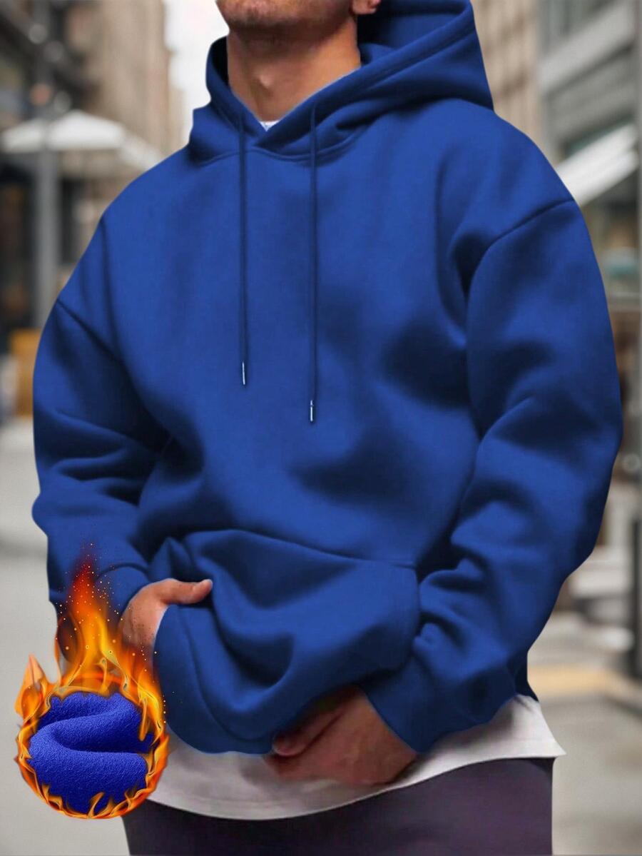 男士纯色落肩长袖抽绳口袋休闲连帽衫，秋冬季，返校季