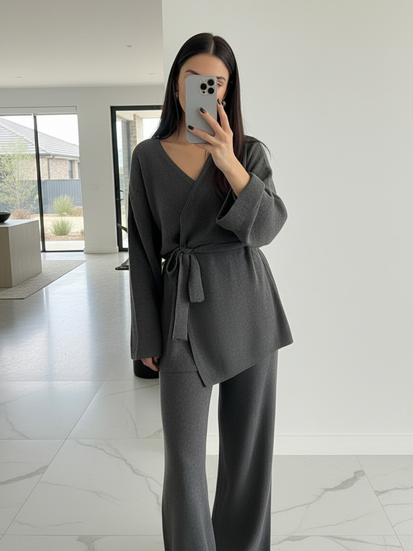 Women's Elegant 2 Pieces Set, Notched Neck Tie Front Loose Fit, Slightly Stretchy Fabric, Suitable For Winter Wear