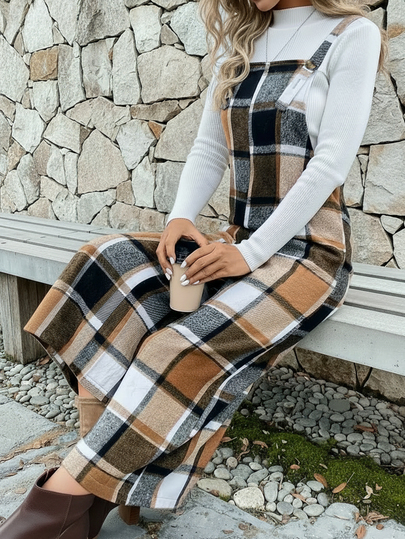 Pantalon à bretelles à carreaux britanniques pour femme, automne/hiver, motif à bretelles, combinaison 7/8, à la mode et polyvalent, pour un usage quotidien