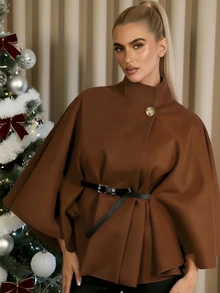 A Fashionable And Elegant Solid-Colored Short Coat (With A Three-Quarter Or Four-Quarter Sleeve, Women's Winter Style, With A Shawl-Like Appearance, Featuring A Lacing Design, Suitable For Work, Dates, Shopping, And Going Out. Applicable To Various Occasions. - Brown - View 2