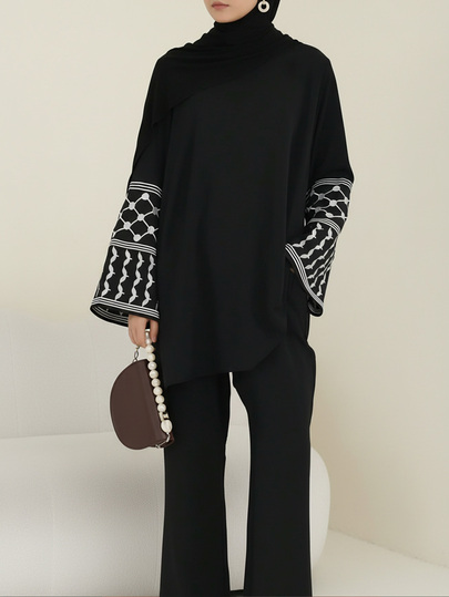 Women's Casual Suit, High Neck Batwing Sleeve Geometric Pattern Top Paired With Non-Stretch Pants, Elegant Embroidery Cuff Decor Spring Black Fall