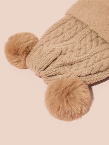 Hatastic Korean Style Women Winter Cute Fuzzy Ball Knitted Hat, Vintage Thick Twist Plush Trim Earwarmer Cap, Solid Color Casual Elegant Boho Chic Street Wear, Polyester, Autumn/Winter Gifts - Hat - View 3