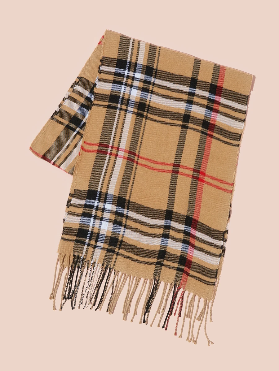 Hatastic 1条男女通用格子流苏保暖围巾，时尚街头风，柔软舒适，适合日常佩戴，尺寸：30厘米*180厘米（购买前请查看产品尺寸详情）音乐节礼物 - 卡其色 - 查看 1