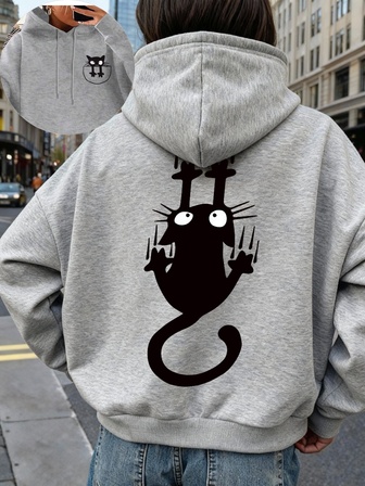 大码女式学院风小猫口袋黑猫图案连帽长袖休闲春夏秋季女式大码长袖连帽卫衣万圣节外出上衣女式度假装