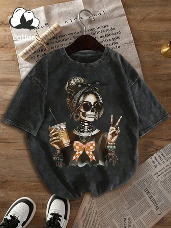 Plusstorlek Dam Dagligt Skelettkvinna Solglasögon Dricker Fredsgest Rosettmönster Rund hals Kortärmad Casual Vår/Sommar/Höst Dam Plusstorlek Kortärmad T-shirt Halloween Utekvällstoppar Dam, Semesterkläder Dam