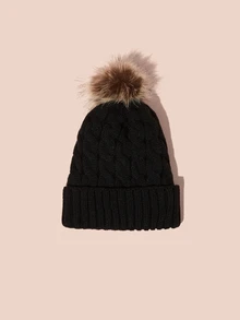 1顶女士皮革拼接针织帽，加厚保暖冬季针织帽，时尚户外帽，圣诞礼物 - 黑色 - 查看 2