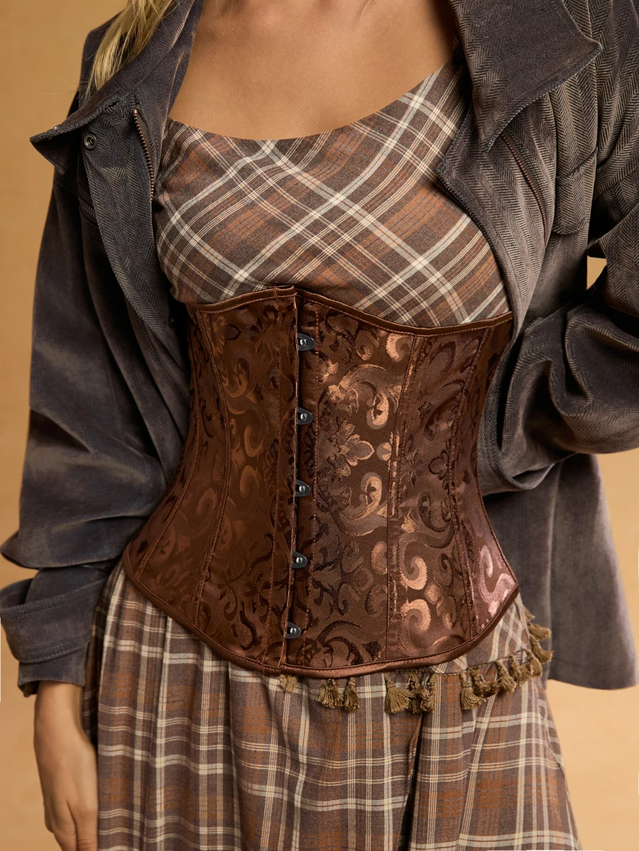 Tropiscape 1pc Brocade Palace Style Body Shaper Corset, Waist Cincher With Adjustable Drawstring Waist Trainer Costume Gifts - Coffee Brown - View 1