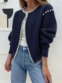 Cardigan de punto de unicolor con estampado, decoración de perlas, cuello redondo, mangas abullonadas tipo farol y bajo con volantes, adecuado para citas, desplazamientos diarios, vacaciones de primavera y reuniones - Azul Marino - Ver 3