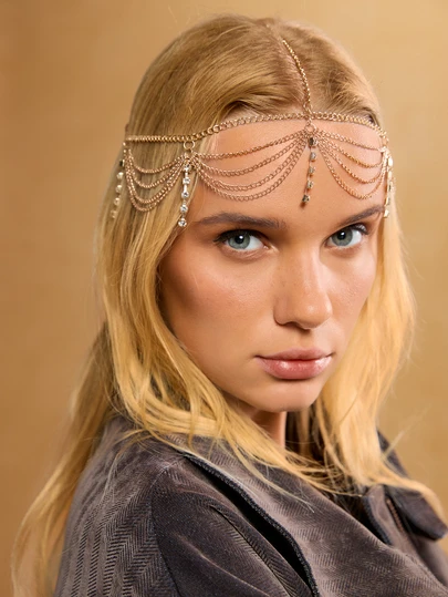 Tropiscape 1件装女士水钻链条流苏头饰，时尚百搭，适合日常佩戴、新娘造型、节日派对、街头嘉年华头饰、学生用品、女士珠宝、婚礼、发饰、派对造型、圣诞礼物