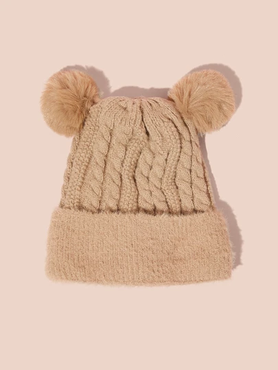 Hatastic Korean Style Women Winter Cute Fuzzy Ball Knitted Hat, Vintage Thick Twist Plush Trim Earwarmer Cap, Solid Color Casual Elegant Boho Chic Street Wear, Polyester, Autumn/Winter Gifts