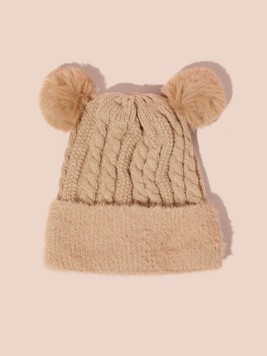 Hatastic Korean Style Women Winter Cute Fuzzy Ball Knitted Hat, Vintage Thick Twist Plush Trim Earwarmer Cap, Solid Color Casual Elegant Boho Chic Street Wear, Polyester, Autumn/Winter Gifts - Hat - View 1