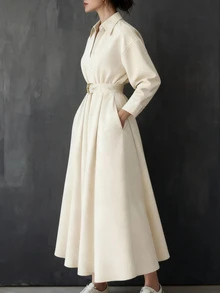 2026春秋新款女装设计：纯色、时尚弹力腰身、长袖连衣裙，饰有装饰纽扣；女士夏季长裙；夏季服装；女士夏季套装；春假套装；女士优雅连衣裙；女士休闲连衣裙；夏季度假套装 - 米色 - 查看 2