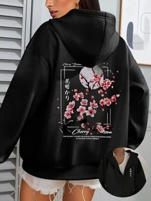 Women's Ditsy Floral Hooded Sweatshirt | Soft Lining | Loose Long Sleeve | Casual Cardigan With Pockets, Women Coat, Women Cardigan, Long Sleeve Top, Women Long Sleeve Top, Women Autumn, Winter, Women Outerwear Top - Black - View 3