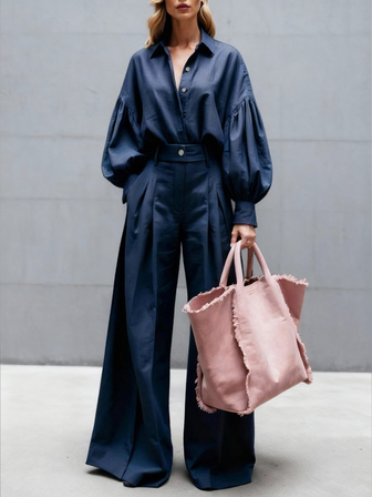 Women's Casual Fashion Autumn And Winter New Style Metallic Button Solid Color Collar Puffed Sleeve Long-Sleeve Shirt And Versatile Wide-Leg Pants Set, Suitable For Outings, Work, Gatherings, Elegant And Stylish Commuting Outfit