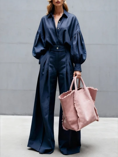 Conjunto de camisa de manga larga con botones metálicos de unicolor y cuello abullonado, y pantalones de pierna ancha versátiles, adecuado para salidas, trabajo, reuniones, elegante y estiloso atuendo de primavera para ir al trabajo