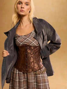 Tropiscape 1pc Brocade Palace Style Body Shaper Corset, Waist Cincher With Adjustable Drawstring Waist Trainer Costume Gifts - Coffee Brown - View 3