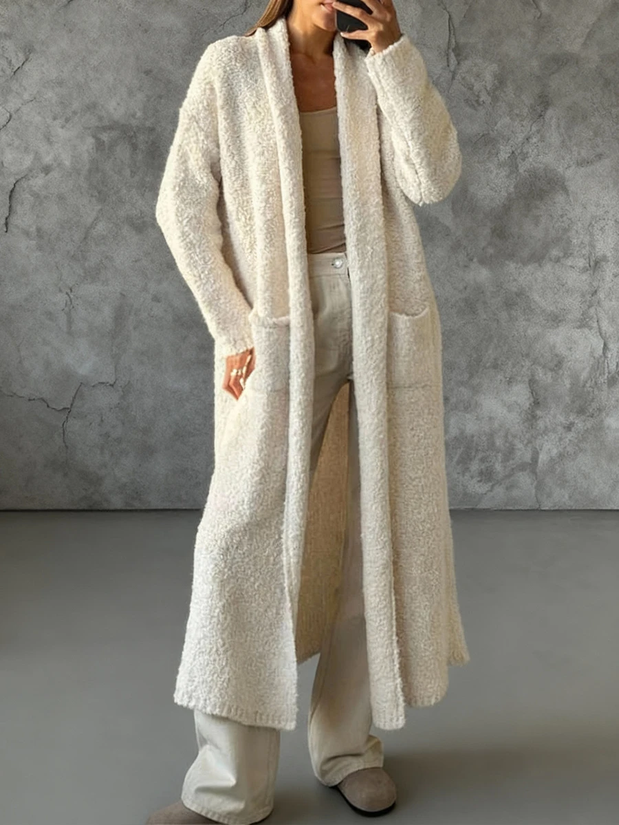 Autumn And Winter Women's New French Slouchy Casual Fashion Commuting Solid Color Pocket Open Long Sleeve Medium Thick Long Coat - Beige - View 1