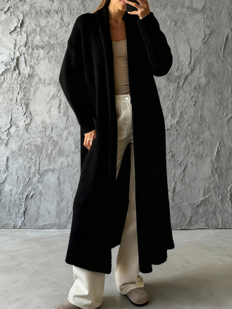 Höst- och vinterkvinnan ny fransk lata casual modependling enfärgad ficka öppen långärmad medeltjock lång kappa