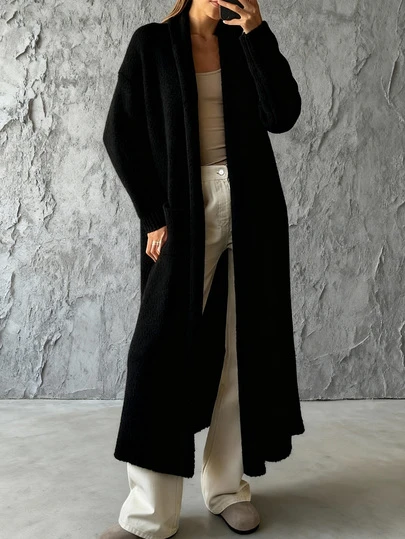 秋冬新款女式法式宽松休闲通勤时尚纯色口袋开襟长袖中厚长款外套 黑色