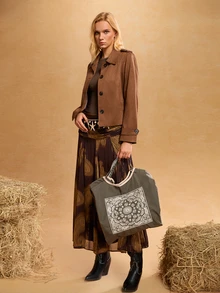 Tropiscape 女士时尚手提包，大容量防水帆布刺绣设计单肩包，个性化图案便携式手提包，圣诞礼物 - 灰色 - 查看 5