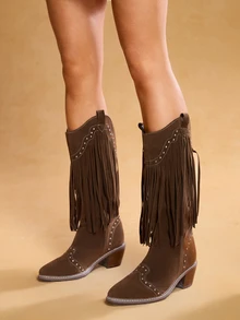 Tropiscape 2025秋冬女士中筒靴，尖头，粗跟，百搭时尚流苏铆钉V型开口酷炫西部靴，圣诞礼物 - 棕色 - 查看 3