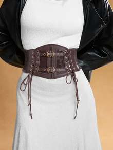 Tropiscape 1条女士棕色朋克风PU皮革弹力腰带，适合圣诞派对、聚会或日常穿着，圣诞礼物之选 - 棕色 - 查看 6