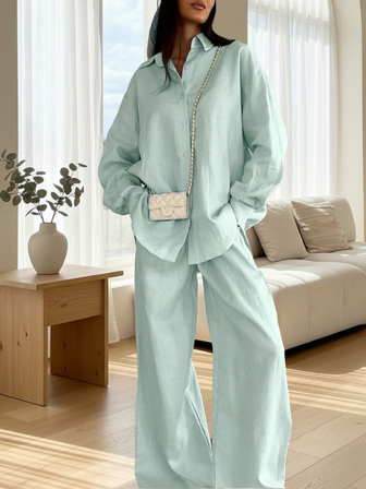 Conjunto de camisa de manga larga con cuello mao y botones de perla de unicolor y pantalones de pierna ancha versátiles, adecuado para salidas, trabajo, reuniones, elegante y estiloso atuendo para ir y venir, una opción ideal para ropa de otoño para mujeres, disfraces de Halloween, atuendo profesional, vestidos de invitada de boda, camisas abotonadas para mujeres y pantalones de pierna ancha para mujeres.