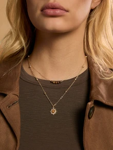 Tropiscape 1件复古金色向日葵虎眼石吊坠项链，可叠戴毛衣链项链，时尚配饰，适合派对、宴会、圣诞礼物 - 棕色 - 查看 1