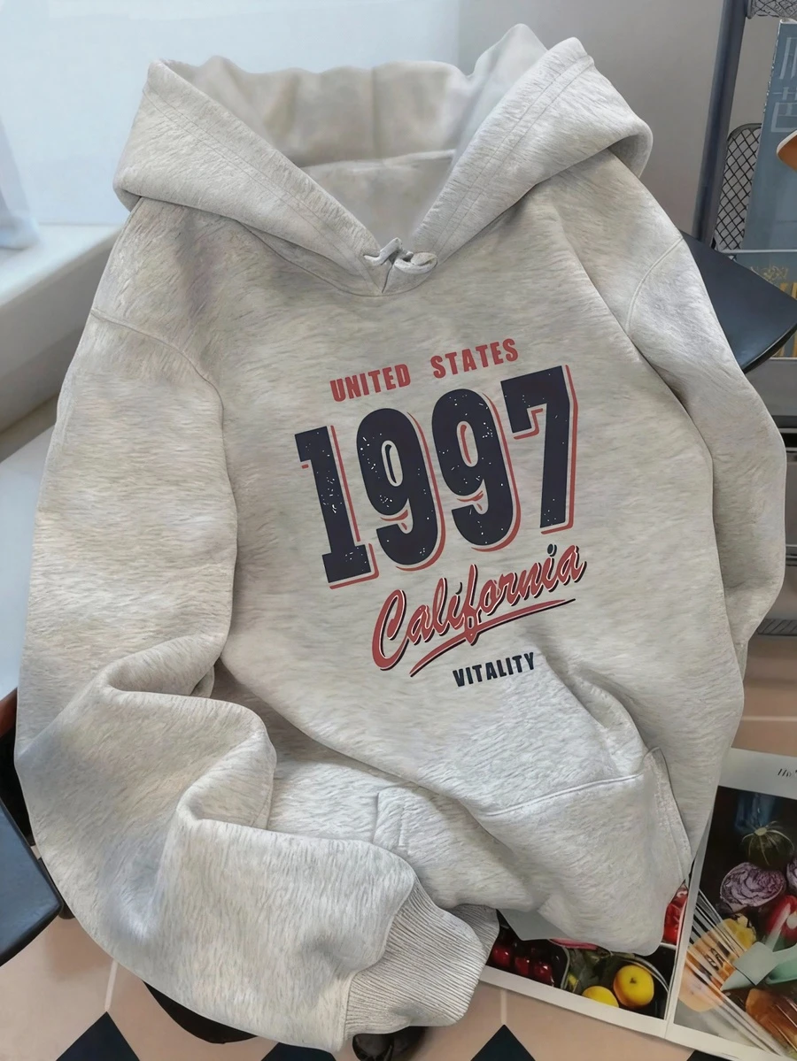 Sudadera de estilo Y2K con estampado numérico para mujer talla grande - de manga larga con bolsillos, para todas las estaciones - Gris Claro - Ver 1