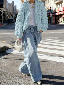 Women's Casual Commuter Ribbed Loose Knit Long Sleeve Regular Fit Cropped Cardigan, Back To School Season - Blue - View 2