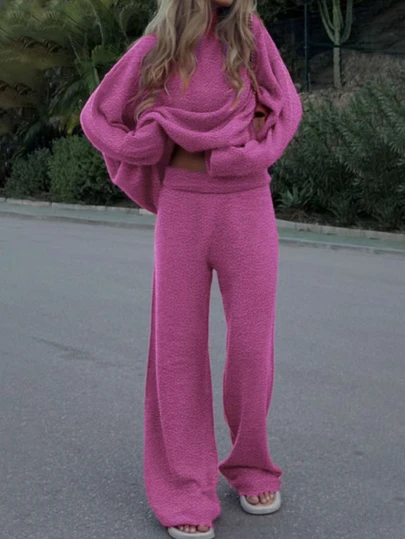 2件套纯色毛衣和针织裤，休闲秋冬