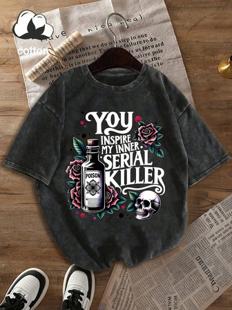 Plus Size Women Cotton Short Sleeve T-Shirt, Printed With Poison Bottle, Rose And Skull Patterns, Casual And Comfortable, Suitable For Daily Wear