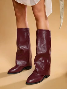 Tropiscape 大码粗跟过膝长靴，时尚尖头朋克复古西部风人造革套脚靴，适合派对和户外活动，秋冬圣诞礼物 - 酒紅色 - 查看 3