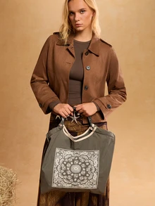 Tropiscape 女士时尚手提包，大容量防水帆布刺绣设计单肩包，个性化图案便携式手提包，圣诞礼物 - 灰色 - 查看 2