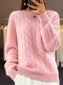 Plus Size Women Casual Solid Color Round Neck Sweater, Loose Fit Long Sleeve Pullover With Cable Pattern, Suitable For Valentine's Day Outfits - Pink - View 1