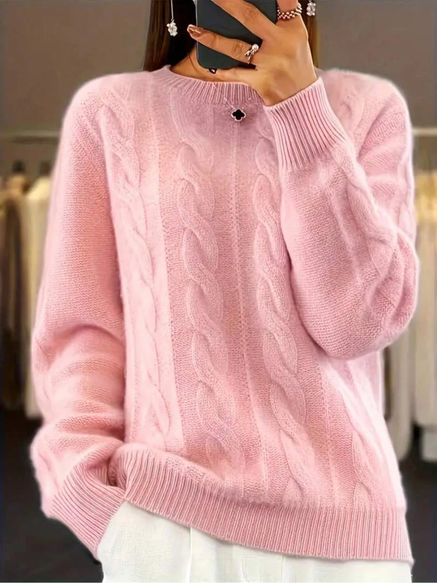 Plus Size Women Casual Solid Color Round Neck Sweater, Loose Fit Long Sleeve Pullover With Cable Pattern, Suitable For Valentine's Day Outfits - Pink - View 1