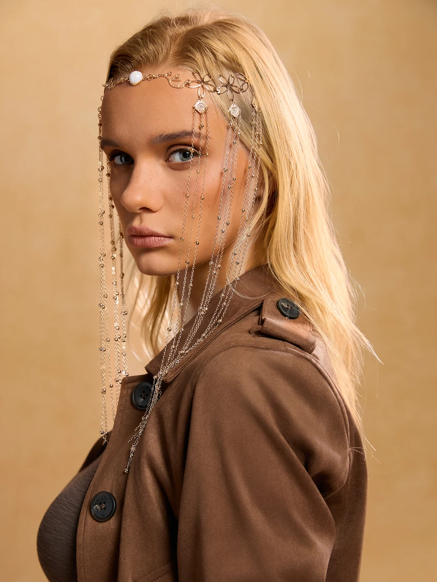 Tropiscape 1pc Fashion Elegant Chain Tassel Headpiece Forehead Chain Hair Chain Head Jewelry Head Pieces Jewelry Hair Jewelry Hair Vine Chain, Hair Jewellery, Wedding Gifts - Gold - View 1