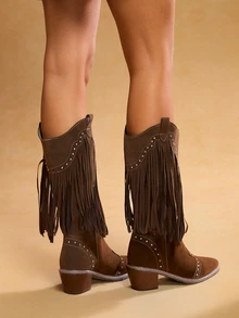 Tropiscape 2025秋冬女士中筒靴，尖头，粗跟，百搭时尚流苏铆钉V型开口酷炫西部靴，圣诞礼物 - 棕色 - 查看 4