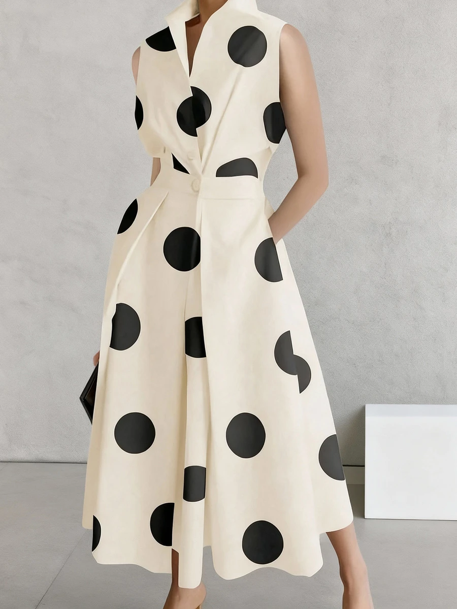 2025春秋新款休闲时尚通勤简约波点V领长款喇叭连衣裙，适合女性穿着，秋季，秋装，女士秋季连衣裙，女士秋季套装，秋季服装，商务休闲女装，商务休闲，复古女装，复古服装，商务休闲女装，女士办公室套装，女士职业装