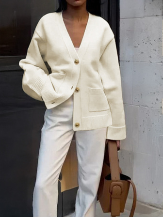 Dam höst/vinter ny fransk stil lös kontrastfärgad kofta med hartsknappar, daglig pendling V-ringad långärmad med fickor Medeltjock damtröja