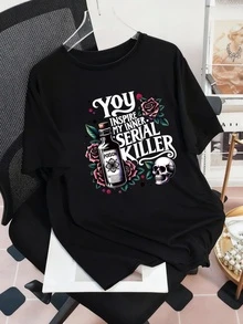Plus Size Women's Summer Poison Bottle, Rose, Skull And Slogan Graphic T-Shirt - Black - View 1