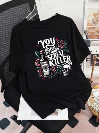 Plus Size Women's Summer Poison Bottle, Rose, Skull And Slogan Graphic T-Shirt