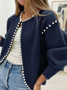 Cardigan de punto de unicolor con estampado, decoración de perlas, cuello redondo, mangas abullonadas tipo farol y bajo con volantes, adecuado para citas, desplazamientos diarios, vacaciones de primavera y reuniones - Azul Marino - Ver 2