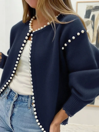 秋冬新款女装,日常休闲,时尚法式风,简约通勤,不对称下摆仿珍珠装饰,常规宽松外套,针织长袖圆领,宽松修身针织外套,百搭针织毛衣,简约,教师节,热销单品,