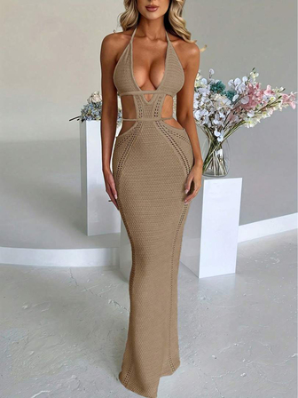 Knitted Hollow Out Dress, Sheer Crochet Cover Up, Solid Color Knit Fabric, Backless Criss-Cross Strap, Vacation Style, Spring/Summer/Autumn