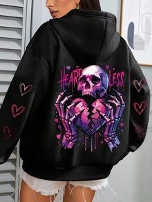 Women's Daily Skull Skeleton Hands Broken Heart HEARTLESS Hearts Pattern Graphic Zip-Up Jacket Hooded Long Sleeve Jacket Casual Spring/Summer/Fall Long Sleeve Tops Women Halloween Going Out Tops Women,Vacation Outfits Women Black Long Sleeve Top,Cute Tops,Crop Top,Tops For Women - Black - View 1