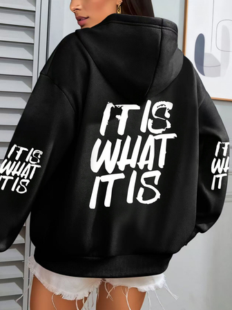 Plus Size Women's Daily 'IT IS WHAT IT IS'' Pure Text Graphic Hoodie Hooded Long Sleeves Casual Spring/Summer/Fall Women's Plus-Size Long-Sleeved Hoodie Sweatshirt New Year Going Out Tops Women,Vacation Outfits Women