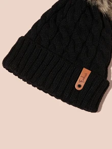 1顶女士皮革拼接针织帽，加厚保暖冬季针织帽，时尚户外帽，圣诞礼物 - 黑色 - 查看 3